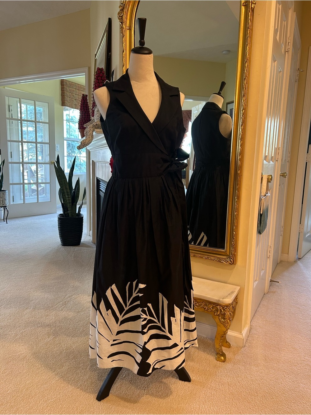 Jones New York Black Midi Dress with White Leaf Border